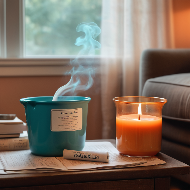 A candle with smoke on a desk with safety tips, water bucket, and snuffer, in a cozy room setting.