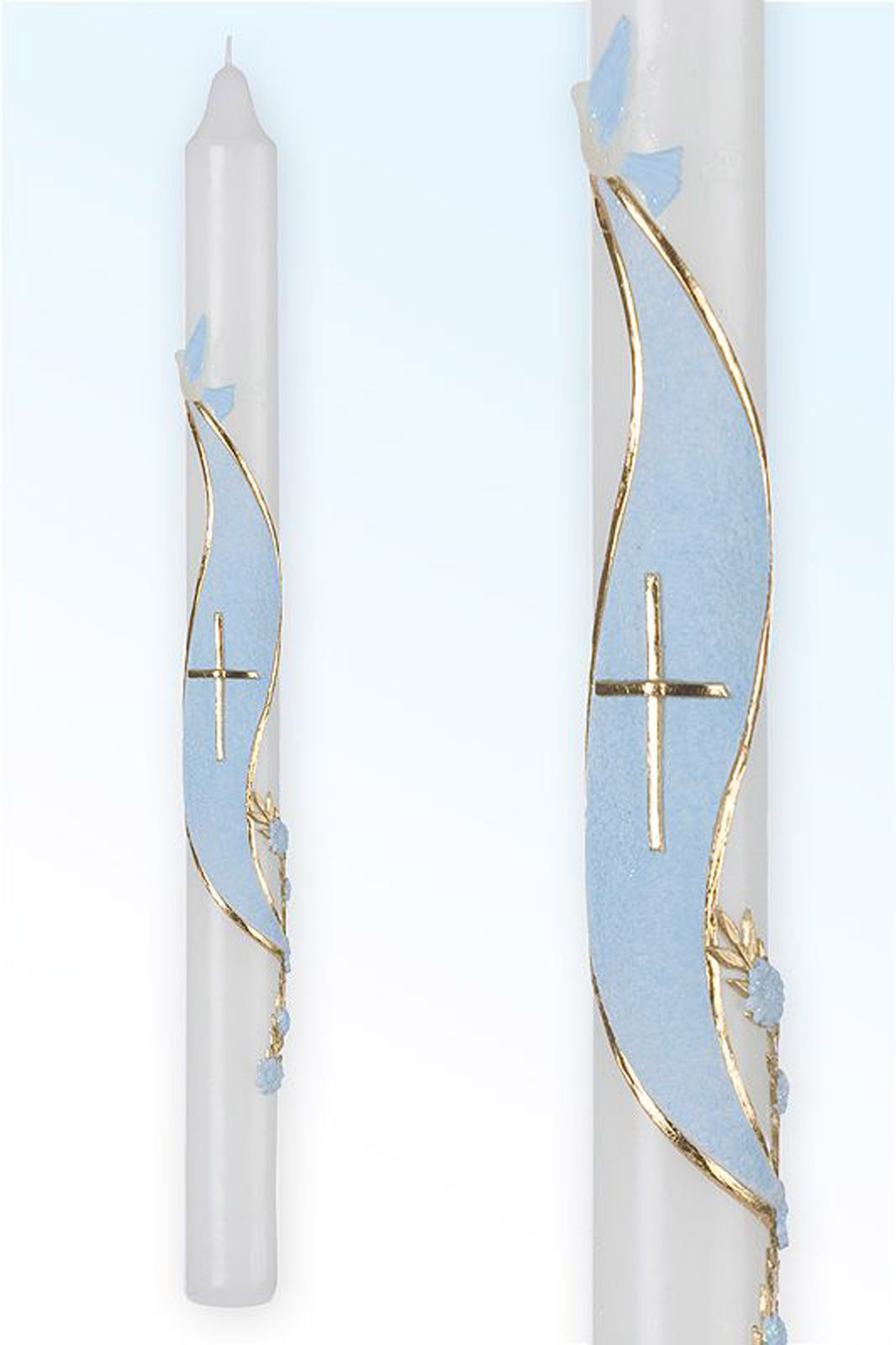 Two Baptism candles with cross on the blue background and the dove