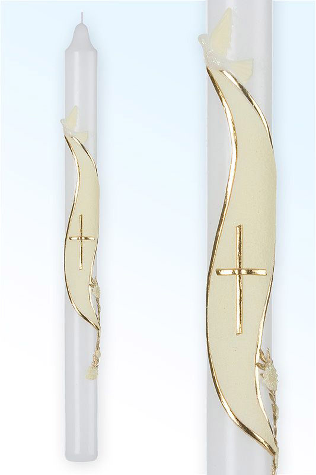 Two Baptism candles with cross on the cream background and the dove flying over